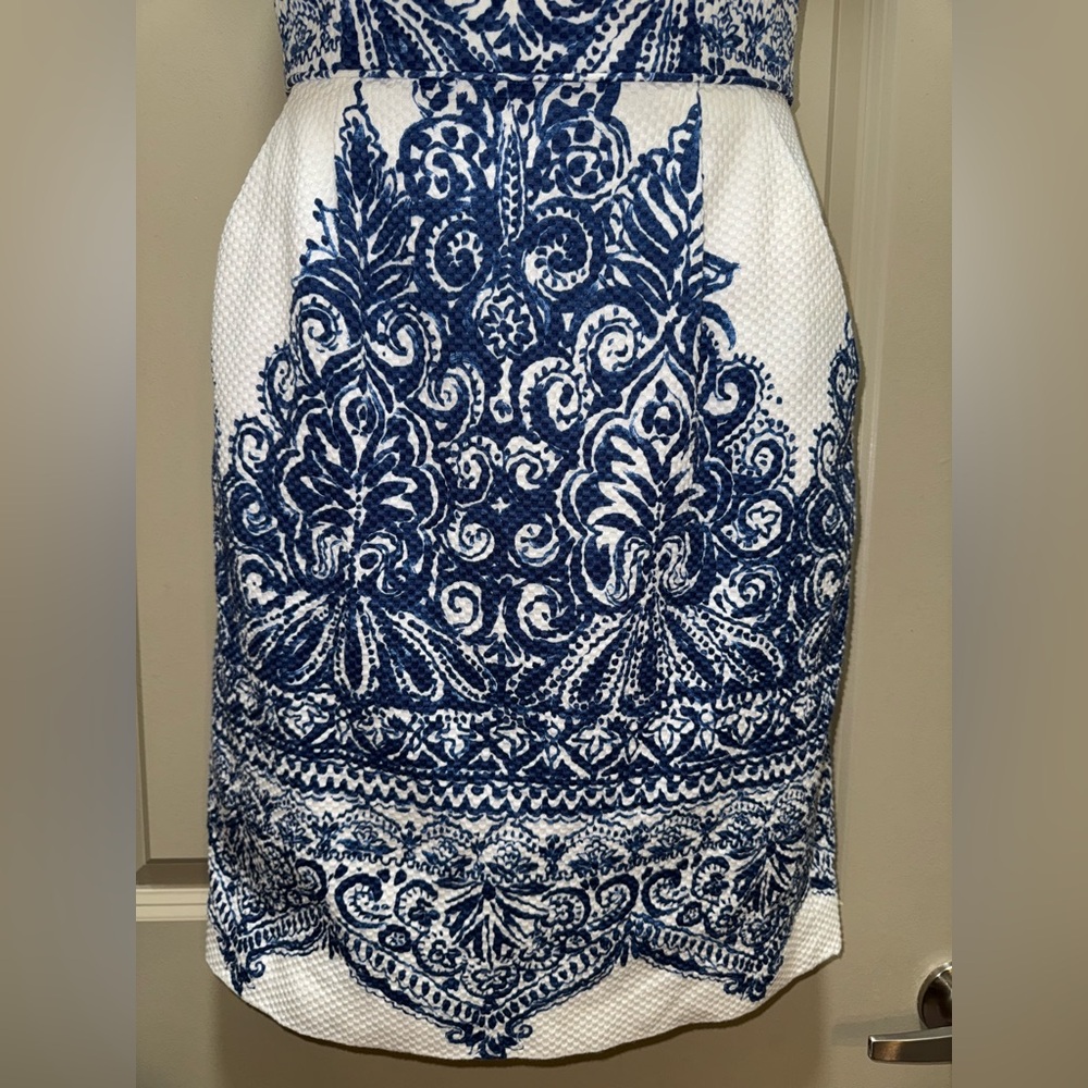 J. Crew Collection Ella Porcelain Paisley Blue White Strapless Dress size 6 - Picture 3 of 13